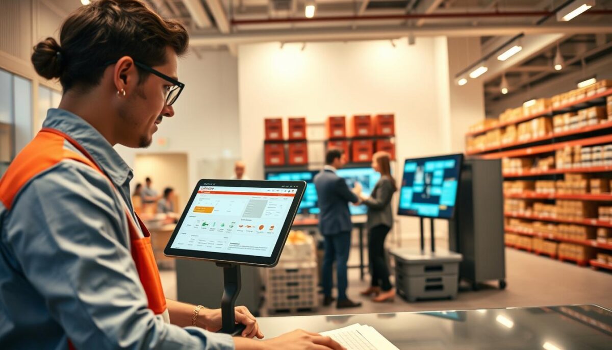 A vibrant, optimized Sysco ordering process unfolds in a modern, well-lit office setting. In the foreground, a worker diligently navigates a sleek, intuitive digital interface, deftly organizing orders and inventory. The middle ground features a team collaborating around a large, interactive display, strategizing ways to streamline workflows. In the background, rows of organized shelves and storage units hint at the efficient logistics powering the operation. Soft, directional lighting casts a professional, productive atmosphere, while subtle, geometric patterns in the architecture add a sense of sophistication. The scene conveys a seamless, technology-driven approach to Sysco's ordering process, primed for optimization.