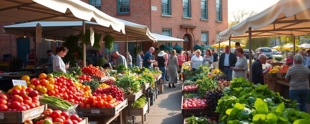 A vibrant outdoor market in a bustling New Jersey town, overflowing with fresh produce. Stalls brimming with colorful fruits and vegetables, from juicy tomatoes to crisp greens, all locally sourced. Farmers and vendors engage with customers, showcasing the bounty of the Garden State. Sunlight filters through the canopies, casting a warm glow over the scene. In the background, a historic brick building provides a picturesque backdrop, hinting at the rich agricultural heritage of the region. The atmosphere is one of community, quality, and a passion for the best fresh produce New Jersey has to offer.