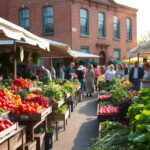 A vibrant outdoor market in a bustling New Jersey town, overflowing with fresh produce. Stalls brimming with colorful fruits and vegetables, from juicy tomatoes to crisp greens, all locally sourced. Farmers and vendors engage with customers, showcasing the bounty of the Garden State. Sunlight filters through the canopies, casting a warm glow over the scene. In the background, a historic brick building provides a picturesque backdrop, hinting at the rich agricultural heritage of the region. The atmosphere is one of community, quality, and a passion for the best fresh produce New Jersey has to offer.