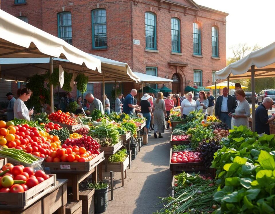 A vibrant outdoor market in a bustling New Jersey town, overflowing with fresh produce. Stalls brimming with colorful fruits and vegetables, from juicy tomatoes to crisp greens, all locally sourced. Farmers and vendors engage with customers, showcasing the bounty of the Garden State. Sunlight filters through the canopies, casting a warm glow over the scene. In the background, a historic brick building provides a picturesque backdrop, hinting at the rich agricultural heritage of the region. The atmosphere is one of community, quality, and a passion for the best fresh produce New Jersey has to offer.