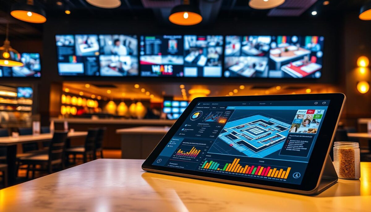 A vibrant restaurant management command center, bathed in warm, soft lighting. In the foreground, a sleek tablet displays real-time sales data, inventory levels, and staff schedules. In the middle ground, a large touchscreen displays a detailed floor plan, allowing managers to track customer flow and table availability. In the background, a bank of high-resolution displays shows live video feeds from around the restaurant, enabling remote monitoring and rapid response to any issues. The overall atmosphere conveys efficiency, control, and a commitment to data-driven decision-making that elevates the dining experience.