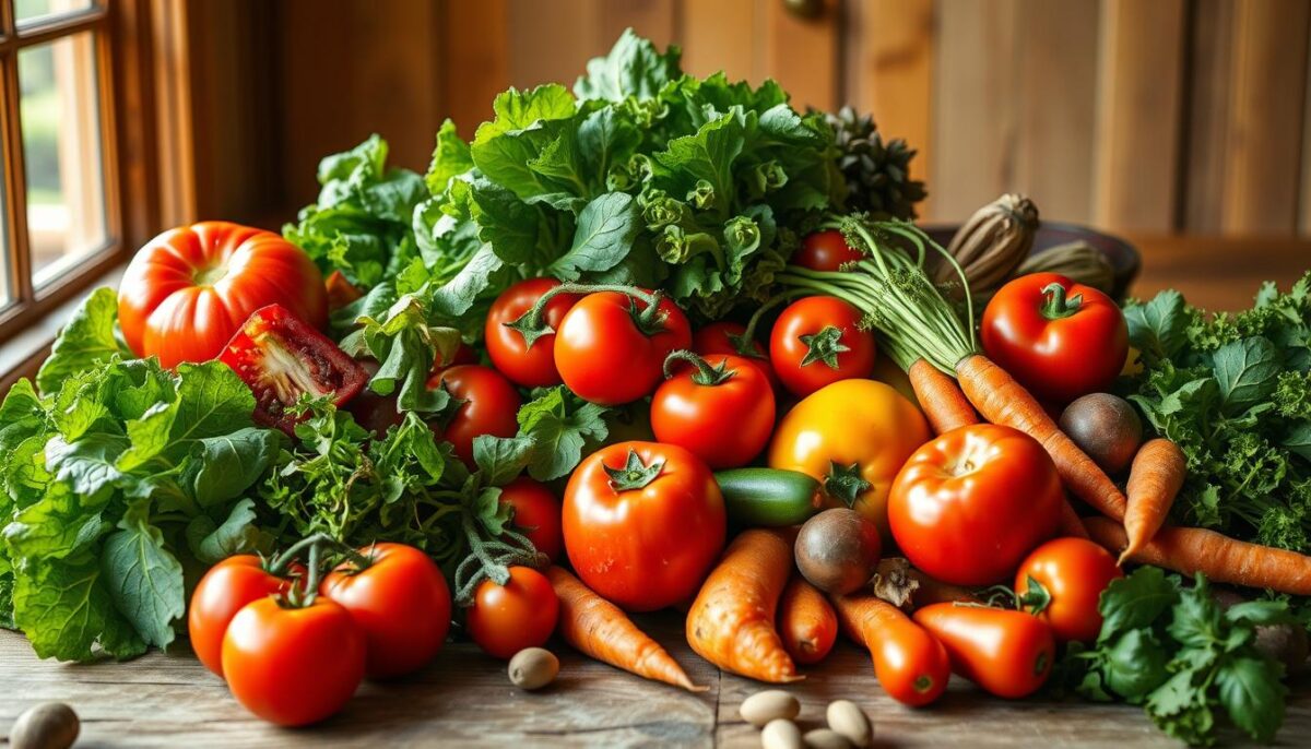 A vibrant still life of fresh produce from New Jersey farms, artfully arranged on a rustic wooden table. Lush green leafy greens, juicy tomatoes in vibrant reds and oranges, crisp carrots, and other seasonal delights fill the frame. Soft, natural lighting filters through a window, casting a warm glow over the scene. The produce appears plump and bursting with flavor, inviting the viewer to imagine the incredible taste and nutritional value. The overall mood is one of abundance, vibrancy, and the celebration of local, seasonal ingredients. This image perfectly encapsulates the bounty of New Jersey's agricultural riches. A vibrant still life of fresh produce from New Jersey farms, artfully arranged on a rustic wooden table. Lush green leafy greens, juicy tomatoes in vibrant reds and oranges, crisp carrots, and other seasonal delights fill the frame. Soft, natural lighting filters through a window, casting a warm glow over the scene. The produce appears plump and bursting with flavor, inviting the viewer to imagine the incredible taste and nutritional value. The overall mood is one of abundance, vibrancy, and the celebration of local, seasonal ingredients. This image perfectly encapsulates the bounty of New Jersey's agricultural riches.