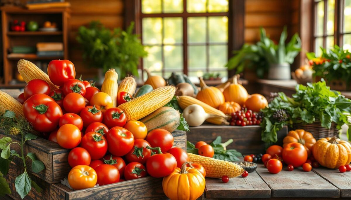 A vibrant still life showcasing the bountiful seasonal produce of New Jersey. In the foreground, a wooden crate overflows with a colorful array of fresh fruits and vegetables - juicy tomatoes, crisp peppers, earthy squash, and sweet corn. The middle ground features a rustic wooden table, its surface adorned with gourds, leafy greens, and plump berries. In the background, a large window floods the scene with warm, natural light, casting a soft, golden glow over the harvest. The overall composition evokes the warmth and abundance of a New Jersey summer, perfectly capturing the essence of the state's seasonal offerings. A vibrant still life showcasing the bountiful seasonal produce of New Jersey. In the foreground, a wooden crate overflows with a colorful array of fresh fruits and vegetables - juicy tomatoes, crisp peppers, earthy squash, and sweet corn. The middle ground features a rustic wooden table, its surface adorned with gourds, leafy greens, and plump berries. In the background, a large window floods the scene with warm, natural light, casting a soft, golden glow over the harvest. The overall composition evokes the warmth and abundance of a New Jersey summer, perfectly capturing the essence of the state's seasonal offerings.