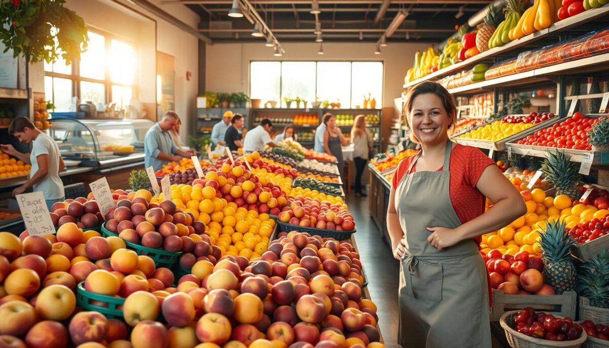 A vibrant, well-stocked fruit market in New Jersey, with lush displays of seasonal produce. In the foreground, a friendly, apron-clad fruit supplier arranges a bountiful selection of ripe, juicy fruits - from crisp apples and lush peaches to succulent berries and tropical delights. The mid-ground showcases a bustling scene, with customers inspecting the fresh offerings and employees restocking the shelves. In the background, the sun streams through large windows, casting a warm, golden glow over the entire space. The atmosphere is one of abundance, quality, and customer service, reflecting the high standards of a premier fruit supplier catering to the discerning tastes of New Jersey's restaurant industry. A vibrant, well-stocked fruit market in New Jersey, with lush displays of seasonal produce. In the foreground, a friendly, apron-clad fruit supplier arranges a bountiful selection of ripe, juicy fruits - from crisp apples and lush peaches to succulent berries and tropical delights. The mid-ground showcases a bustling scene, with customers inspecting the fresh offerings and employees restocking the shelves. In the background, the sun streams through large windows, casting a warm, golden glow over the entire space. The atmosphere is one of abundance, quality, and customer service, reflecting the high standards of a premier fruit supplier catering to the discerning tastes of New Jersey's restaurant industry.