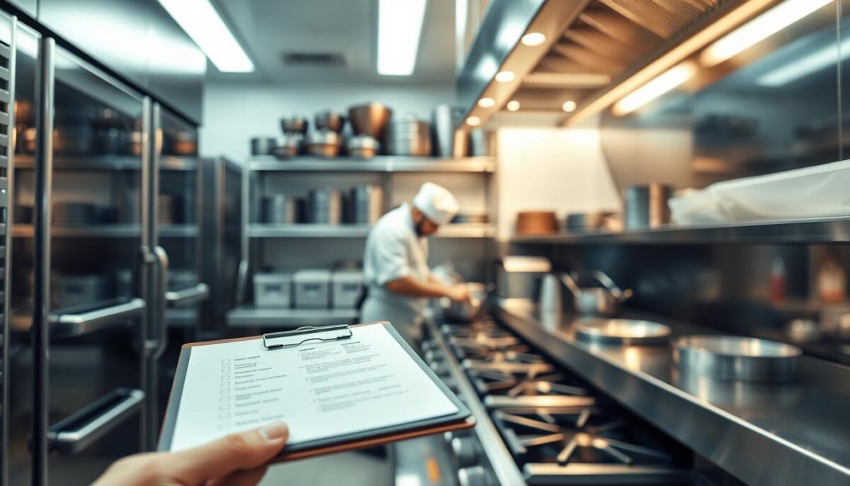 A well-lit commercial kitchen, stainless steel appliances gleaming under soft overhead lighting. In the foreground, a clipboard and pen hover over a checklist, ready to assess the efficiency and condition of each piece of equipment. In the middle ground, a chef in a crisp white uniform examines the stovetop, gauging temperature control and even heating. In the background, shelves filled with pots, pans, and utensils, everything organized and accessible. The atmosphere is one of careful evaluation, the goal to uncover hidden profit leaks and optimize the restaurant's equipment for maximum productivity.