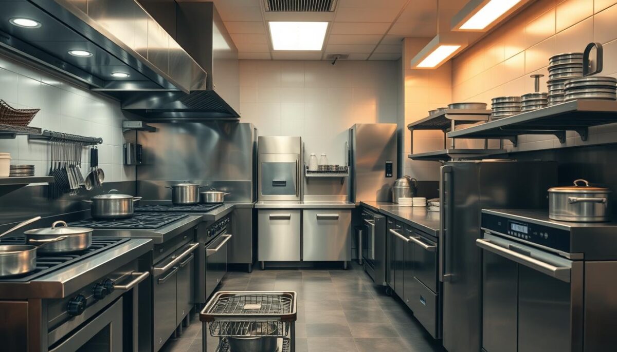 A well-lit commercial kitchen, with a focus on the various equipment and appliances that are the backbone of a thriving restaurant. Stainless steel workstations, industrial-grade ovens, and sleek commercial dishwashers are arranged in an orderly fashion, showcasing their functionality and precision. Pots, pans, and utensils are neatly organized, hinting at the meticulous attention to detail required for a successful restaurant operation. The scene is bathed in a warm, ambient light, creating a sense of professionalism and efficiency. The overall composition emphasizes the importance of regularly auditing and maintaining this essential restaurant equipment to optimize operations and uncover hidden profit potential.