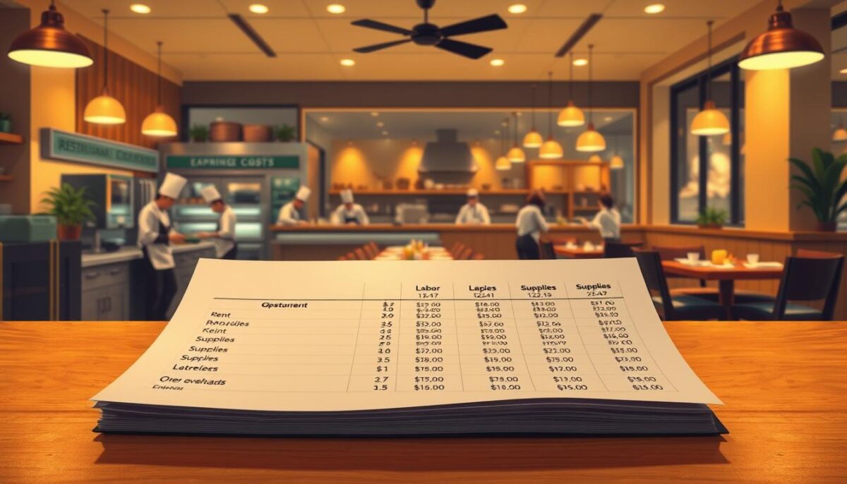 A well-lit, detailed illustration of the operational costs for a mid-sized restaurant in 2025. A prominent table in the foreground shows a meticulous breakdown of expenses - labor, rent, supplies, utilities, and other overheads. Across the middle ground, chefs and servers hustle in a busy kitchen and dining room, while the background depicts the exterior of the restaurant, conveying a sense of scale and context. The lighting is warm and inviting, with a slight cinematic tone, emphasizing the professional, high-stakes nature of the restaurant business. The overall mood is one of careful financial planning and diligent operation, reflecting the challenges and complexities of running a successful eatery in the modern era.