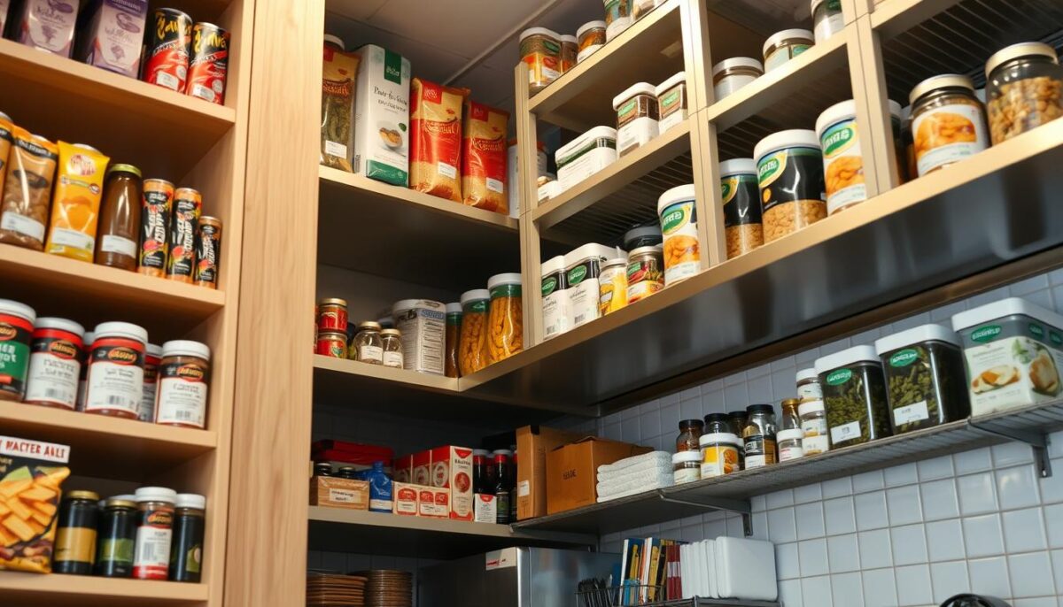 A well-lit, high-angle photograph of a restaurant's shelves and storage units, displaying an array of neatly organized food items, kitchen supplies, and inventory management tools. The scene conveys a sense of efficiency and attention to detail, with each item meticulously labeled and categorized. The background is slightly blurred, emphasizing the focus on the organized inventory. The lighting is soft and diffused, creating a warm, professional atmosphere. The overall composition suggests a well-stocked, well-managed restaurant kitchen, ready to serve its customers with the necessary ingredients and supplies.