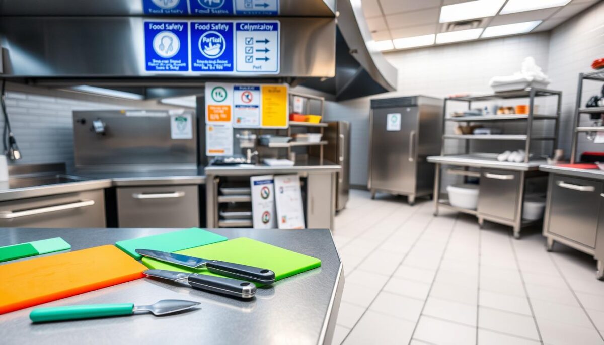 A well-lit, high-angle shot of a modern commercial kitchen showcasing various food safety standards and certifications. In the foreground, prominently displayed are color-coded cutting boards, sanitized utensils, and a thermometer demonstrating proper food temperature monitoring. The middle ground features a food safety checklist, handwashing station, and signage outlining mandatory hygiene protocols. In the background, clean stainless steel appliances, organized storage, and an immaculate tiled floor convey a meticulously maintained, professional environment committed to upholding the highest food safety standards. A well-lit, high-angle shot of a modern commercial kitchen showcasing various food safety standards and certifications. In the foreground, prominently displayed are color-coded cutting boards, sanitized utensils, and a thermometer demonstrating proper food temperature monitoring. The middle ground features a food safety checklist, handwashing station, and signage outlining mandatory hygiene protocols. In the background, clean stainless steel appliances, organized storage, and an immaculate tiled floor convey a meticulously maintained, professional environment committed to upholding the highest food safety standards.