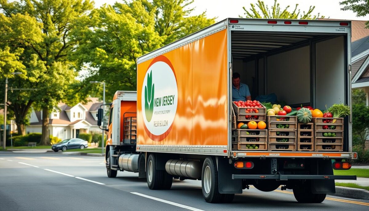 A well-lit, high-resolution photograph of a New Jersey produce delivery truck on a suburban street, with lush green trees and buildings in the background. The truck is brightly colored, with the company logo prominently displayed on the side. The driver is visible inside the cab, focused on the road ahead. Fresh crates of vibrant fruits and vegetables are neatly stacked in the open cargo area, giving the scene a sense of abundance and quality. The overall atmosphere is one of efficiency, professionalism, and the promise of delicious, locally-sourced produce being delivered right to the customer's doorstep. A well-lit, high-resolution photograph of a New Jersey produce delivery truck on a suburban street, with lush green trees and buildings in the background. The truck is brightly colored, with the company logo prominently displayed on the side. The driver is visible inside the cab, focused on the road ahead. Fresh crates of vibrant fruits and vegetables are neatly stacked in the open cargo area, giving the scene a sense of abundance and quality. The overall atmosphere is one of efficiency, professionalism, and the promise of delicious, locally-sourced produce being delivered right to the customer's doorstep.