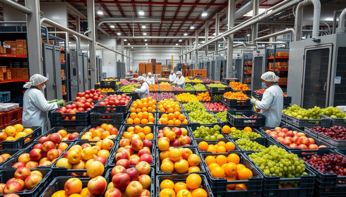 A well-lit, high-resolution photograph of a bustling New Jersey fruit supplier's warehouse. In the foreground, neatly stacked crates of vibrant, freshly harvested produce - apples, oranges, grapes, and more. In the middle ground, workers in white coats and hairnets carefully inspect the goods, ensuring strict food safety protocols are followed. The background reveals an expansive storage area with temperature-controlled refrigeration units, conveyor belts, and other state-of-the-art equipment. The overall scene conveys a sense of efficiency, cleanliness, and a deep commitment to providing the highest quality fruits to local restaurants and markets. A well-lit, high-resolution photograph of a bustling New Jersey fruit supplier's warehouse. In the foreground, neatly stacked crates of vibrant, freshly harvested produce - apples, oranges, grapes, and more. In the middle ground, workers in white coats and hairnets carefully inspect the goods, ensuring strict food safety protocols are followed. The background reveals an expansive storage area with temperature-controlled refrigeration units, conveyor belts, and other state-of-the-art equipment. The overall scene conveys a sense of efficiency, cleanliness, and a deep commitment to providing the highest quality fruits to local restaurants and markets.