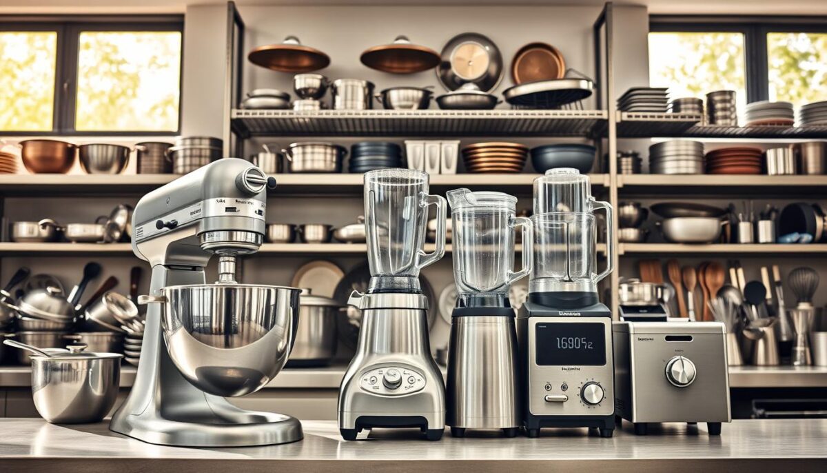 A well-lit, high-resolution photograph of a kitchen counter displaying an assortment of commercial-grade kitchen equipment. In the foreground, a large, stainless steel mixer with a chrome finish stands prominently, its powerful motor and sturdy build suggesting its industrial-strength capabilities. Behind it, a collection of gleaming pots, pans, and utensils of various sizes and shapes are neatly arranged, showcasing the diverse array of tools available. In the middle ground, a powerful commercial-grade blender and a state-of-the-art food processor sit side by side, their sleek designs and advanced features hinting at their versatility. In the background, a row of heavy-duty stainless steel shelves holds an impressive array of additional kitchen appliances and tools, all bathed in the warm, natural light from large windows. The overall scene conveys a sense of efficiency, professionalism, and the wealth of high-quality kitchen equipment available at Restaurant Depot.