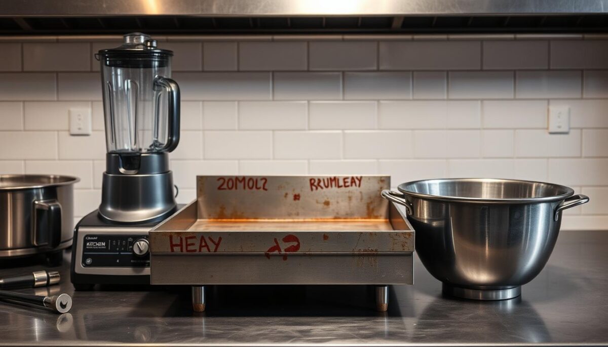 A well-lit kitchen counter, meticulously laid out with various used restaurant equipment - a heavy-duty blender, a commercial-grade griddle, and a sturdy stainless steel mixing bowl. Detailed close-up shots reveal the wear and tear, the nicks and scratches, the signs of heavy use. The lighting is soft yet directional, accentuating the textures and highlighting the overall condition of the items. In the background, a neutral, minimalist setting allows the focus to remain on the equipment itself, captured from multiple angles to provide a comprehensive assessment. The mood is one of careful inspection, with a sense of contemplation as the potential buyer evaluates the suitability of these second-hand assets for their restaurant.