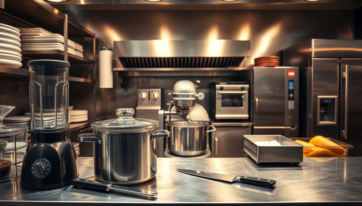 A well-lit kitchen scene showcasing a variety of restaurant equipment against a backdrop of stainless steel countertops and shelves. In the foreground, a commercial-grade blender, a large stockpot, and a set of high-quality knives. In the middle ground, a powerful industrial mixer and a slicer for preparing ingredients. In the background, a commercial-grade oven, a dishwasher, and a refrigerator, all gleaming under the warm lighting. The overall atmosphere conveys the essential, functional nature of the equipment needed to operate a successful restaurant kitchen.