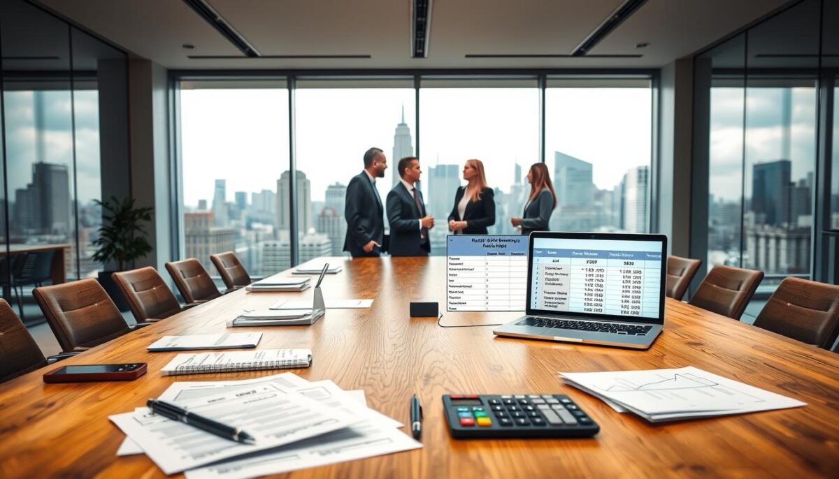 A well-lit modern office interior with a large wooden conference table in the foreground. On the table, various financial documents, calculators, and a laptop displaying a spreadsheet comparison of different restaurant financing options like SBA loans, angel investors, and crowdfunding. In the middle ground, a group of business people in suits engaged in a lively discussion. The background features floor-to-ceiling windows overlooking a bustling city skyline, creating a professional and sophisticated atmosphere.