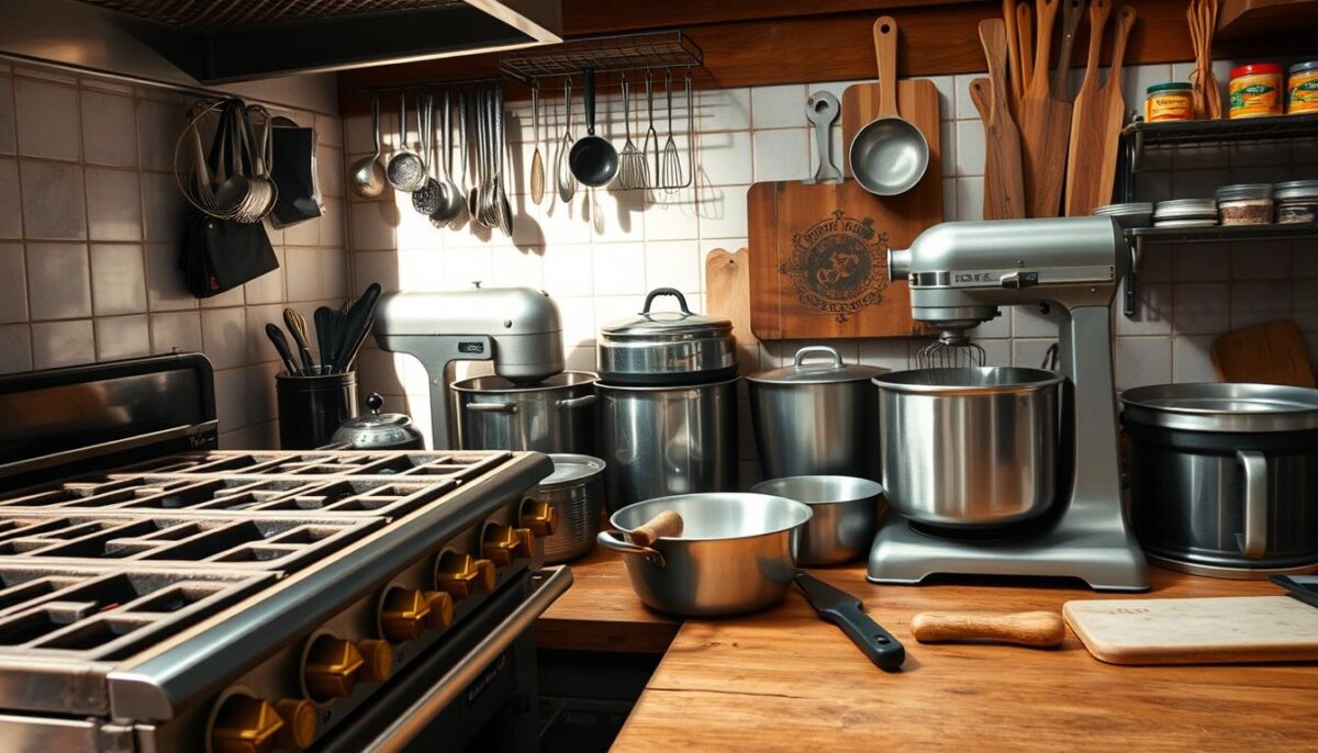 A well-lit, rustic restaurant kitchen with a collection of used, high-quality cooking equipment neatly arranged on a wooden counter. In the foreground, a vintage commercial stove with cast iron grates and brass accents, its oven door slightly ajar, revealing the warm glow of the heating element. Beside it, a heavy-duty commercial mixer with a brushed stainless steel body and a selection of attachments. In the middle ground, a row of dented but sturdy stainless steel pots and pans, their patina hinting at years of loyal service. The background showcases a rack of assorted utensils, a weathered wooden cutting board, and a few scattered spice jars, all bathed in soft, natural lighting that casts gentle shadows and highlights the character of the well-loved equipment. The overall scene conveys a sense of functionality, history, and the promise of new culinary adventures.