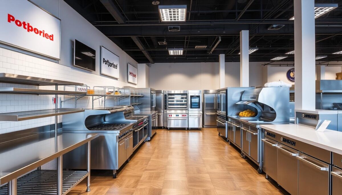 A well-lit showroom showcasing an array of commercial kitchen equipment, including stainless steel food prep stations, heavy-duty ovens, and commercial-grade dishwashers. The space is arranged to allow for easy comparison of different suppliers' offerings, with clear signage and knowledgeable sales staff available to assist. The overall atmosphere is one of professionalism and reliability, with a focus on high-quality, durable products suitable for the demands of a busy restaurant kitchen.