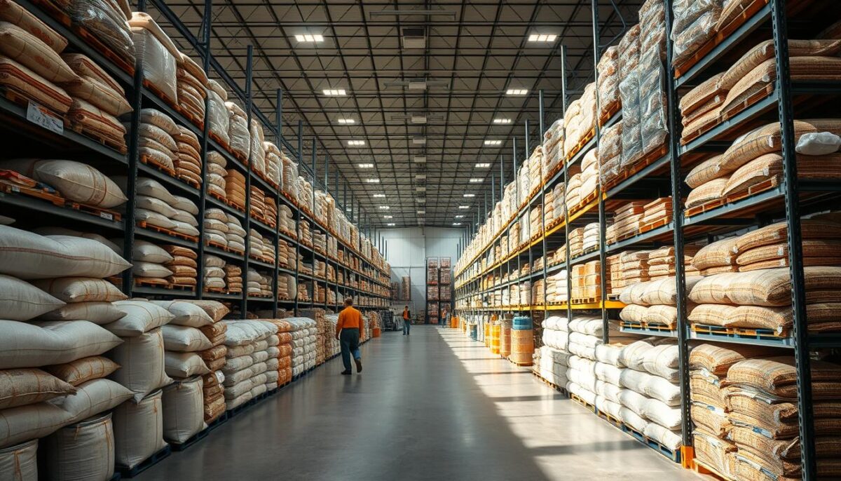 A well-lit, spacious interior of a Restaurant Depot warehouse, showcasing rows of massive industrial shelves stocked with an abundance of bulk food items. Towering stacks of large sacks, barrels, and crates filled with various grains, flours, sugars, spices, and dried goods occupy the foreground, casting long shadows. In the middle ground, workers carefully inspect and restock the shelves, while the background reveals the cavernous scale of the warehouse, with high ceilings and expansive floor space. The overall atmosphere exudes a sense of efficiency, organization, and the availability of a wide range of high-quality, cost-effective ingredients for commercial kitchens.