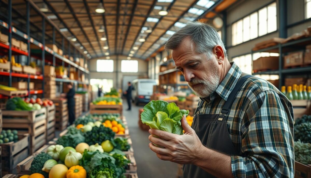 A well-lit, spacious produce supplier warehouse, with rows of wooden crates filled with an abundant array of fresh fruits and vegetables. The foreground showcases an experienced, hard-working supplier examining a crisp head of lettuce, his weathered hands carefully inspecting the produce. In the middle ground, other staff efficiently organize and load shipments onto delivery trucks, the atmosphere buzzing with the activity of a thriving business. The background features high ceilings, metal shelving, and large windows that flood the space with warm, natural light, creating an inviting, professional setting. The overall mood conveys a sense of reliability, quality, and a commitment to providing the best possible produce to discerning restaurant clients. A well-lit, spacious produce supplier warehouse, with rows of wooden crates filled with an abundant array of fresh fruits and vegetables. The foreground showcases an experienced, hard-working supplier examining a crisp head of lettuce, his weathered hands carefully inspecting the produce. In the middle ground, other staff efficiently organize and load shipments onto delivery trucks, the atmosphere buzzing with the activity of a thriving business. The background features high ceilings, metal shelving, and large windows that flood the space with warm, natural light, creating an inviting, professional setting. The overall mood conveys a sense of reliability, quality, and a commitment to providing the best possible produce to discerning restaurant clients.