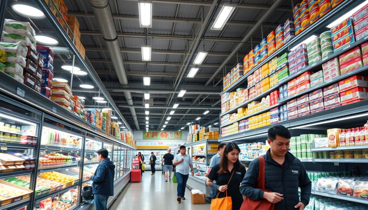 A well-lit, spacious refrigerated section in a bustling Restaurant Depot, with a wide variety of chilled goods neatly arranged on shelves. The scene is captured from a low, slightly elevated angle, giving a sense of immersion and highlighting the towering shelves. Bright, diffused lighting creates a clean, clinical atmosphere, complemented by the cool blue-green tones of the refrigerated displays. Shoppers in the foreground navigate the aisles, examining products with focused expressions, while the background is filled with the ordered chaos of a thriving wholesale market. A well-lit, spacious refrigerated section in a bustling Restaurant Depot, with a wide variety of chilled goods neatly arranged on shelves. The scene is captured from a low, slightly elevated angle, giving a sense of immersion and highlighting the towering shelves. Bright, diffused lighting creates a clean, clinical atmosphere, complemented by the cool blue-green tones of the refrigerated displays. Shoppers in the foreground navigate the aisles, examining products with focused expressions, while the background is filled with the ordered chaos of a thriving wholesale market.