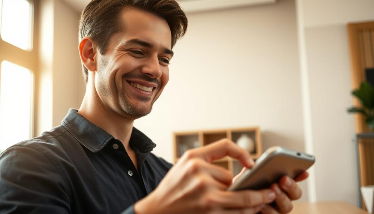 A well-lit, warm-toned interior scene depicting a customer's satisfied expression as they interact with a fast, responsive online ordering system. The foreground features a close-up of the customer's face, conveying a sense of ease and delight as they navigate the intuitive interface on a tablet or smartphone. The middle ground showcases the device they are using, seamlessly blending into the scene. The background subtly suggests a modern, minimalist office or home setting, with clean lines and muted colors that don't distract from the central focus. Soft, directional lighting from the side creates a sense of depth and highlights the customer's content expression. The overall mood is one of effortless satisfaction and efficient technology that enhances the user's experience.