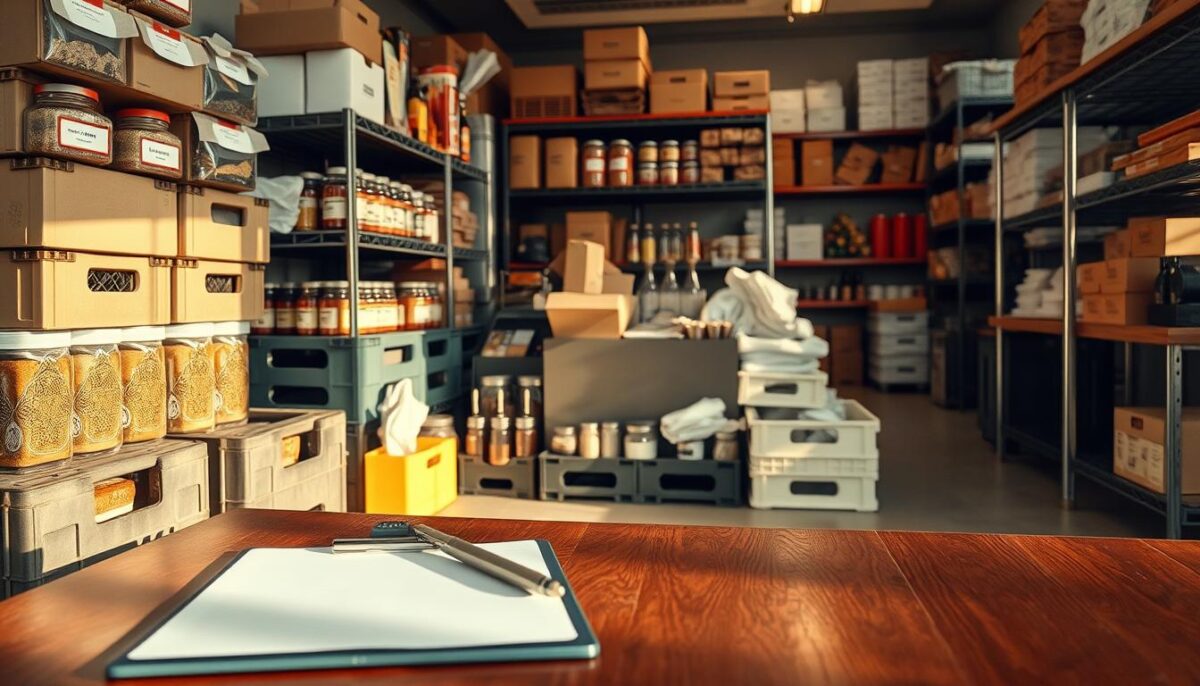 A well-organized restaurant inventory, with neatly stacked crates, boxes, and shelves containing various culinary supplies. The scene is bathed in warm, soft lighting, casting gentle shadows that accentuate the textures and details of the items. In the foreground, a clipboard and pen rest on a sturdy wooden table, hinting at the meticulous record-keeping required to manage restaurant costs. The middle ground features an array of spices, seasonings, and specialty ingredients, while the background showcases a spacious, well-equipped storage area with ample shelving and efficient organization. The overall atmosphere conveys a sense of professionalism, attention to detail, and careful planning necessary to maintain a successful restaurant operation.