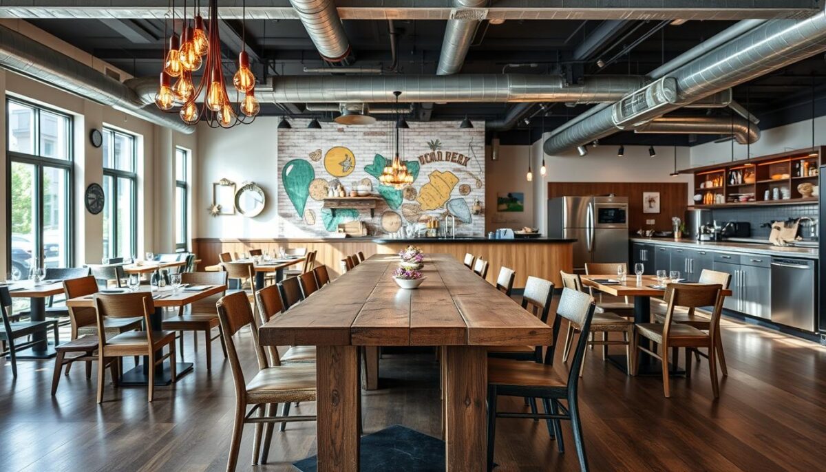 An expansive dining room with a mix of contemporary and repurposed furnishings, highlighting cost-saving strategies for a restaurant build-out. In the foreground, a salvaged wooden table with mismatched yet stylish chairs, complemented by a cluster of pendant lights with exposed bulbs. In the middle ground, a feature wall showcases a vibrant mural, created using upcycled materials. The background reveals an open kitchen with stainless steel appliances and a mix of modern and vintage decor elements, suggesting a balance of function and design. The lighting is a combination of natural daylight filtering through large windows and strategically placed spotlights, creating a warm, inviting atmosphere. The overall scene conveys a sense of thoughtful, budget-conscious design without compromising the restaurant's aesthetic appeal.