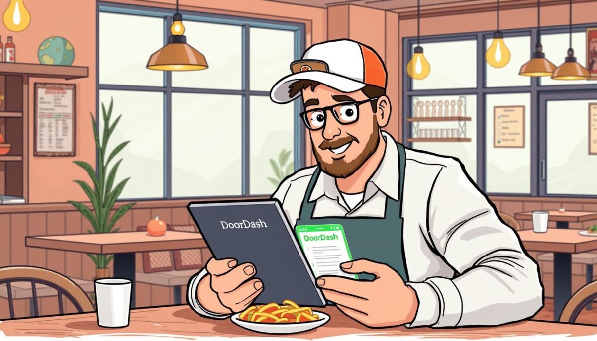 An image of a restaurant owner comparing DoorDash and Uber Eats on a tablet