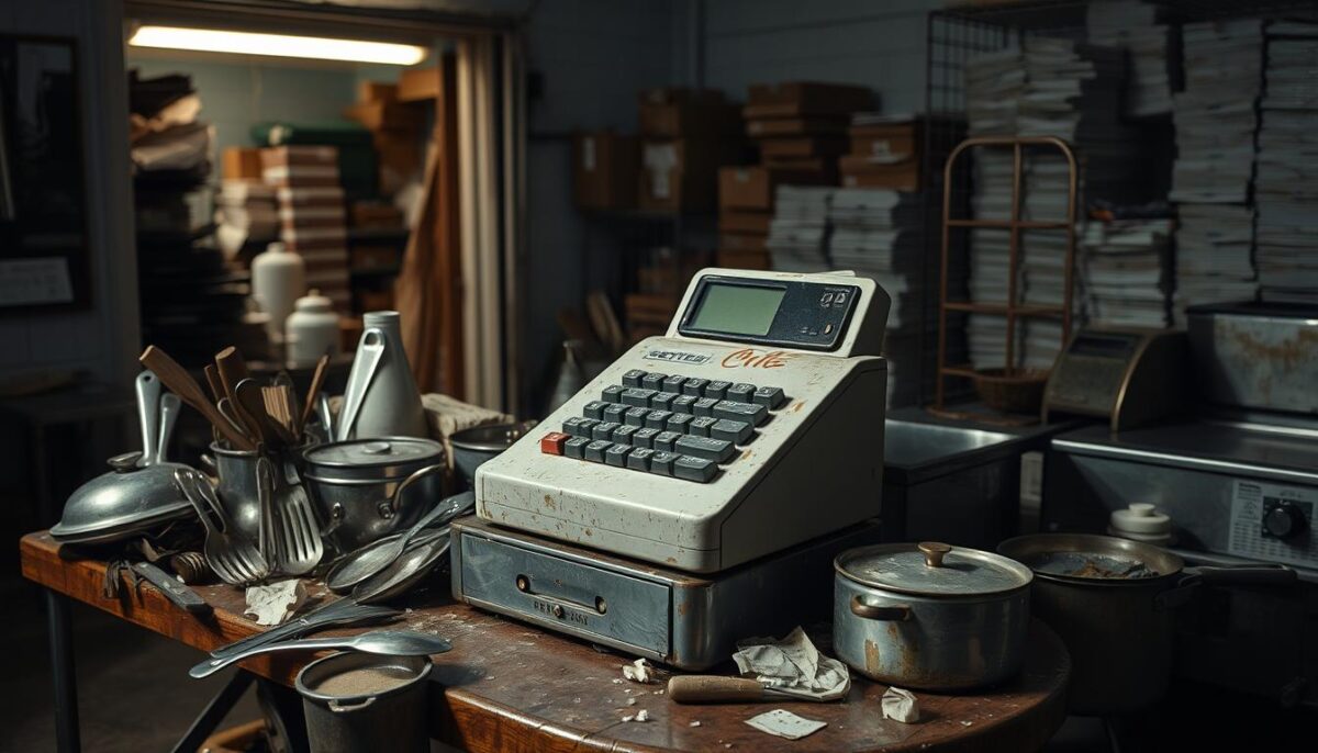 An old, battered cash register sits atop a cluttered table, surrounded by a jumble of worn kitchen utensils, tarnished pots and pans, and a greasy deep fryer. The lighting is harsh and unflattering, casting deep shadows that accentuate the weathered, well-used appearance of the equipment. In the background, a dimly lit storage room filled with disorganized shelves and stacks of boxes hints at the hidden costs and maintenance required to keep a restaurant's equipment functional. The overall scene conveys a sense of the true financial burden beyond the initial purchase price, as the once-pristine tools of the trade have been worn down by years of hard use.