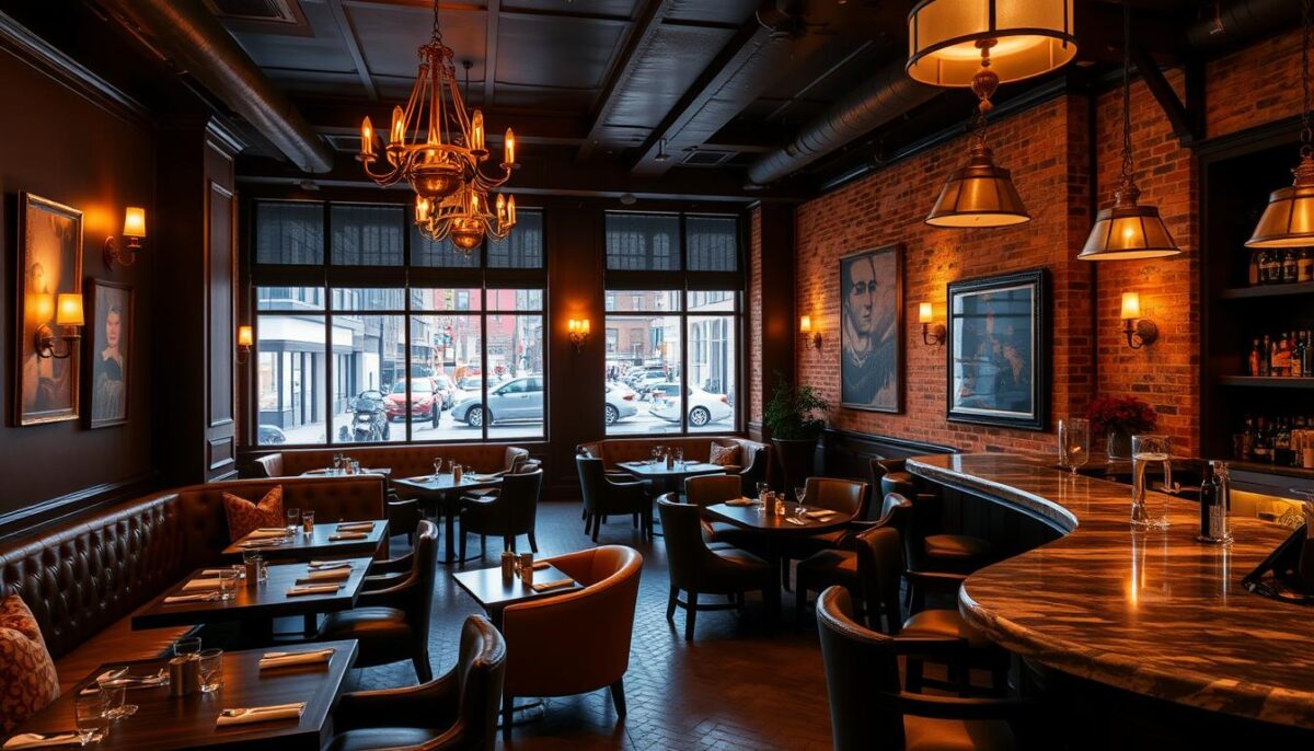 An upscale yet cozy restaurant interior, with warm lighting from brass chandeliers and sconces illuminating a mix of leather banquettes, wooden tables, and plush armchairs. The walls are adorned with tasteful artwork and exposed brick, creating an inviting ambiance. A stylish bar in the corner features a marble countertop and a selection of premium liquors. Large windows offer a view of a bustling city street outside, with the evening glow filtering in. The overall design strikes a balance between contemporary elegance and timeless sophistication, conveying an atmosphere of refined dining experience.
