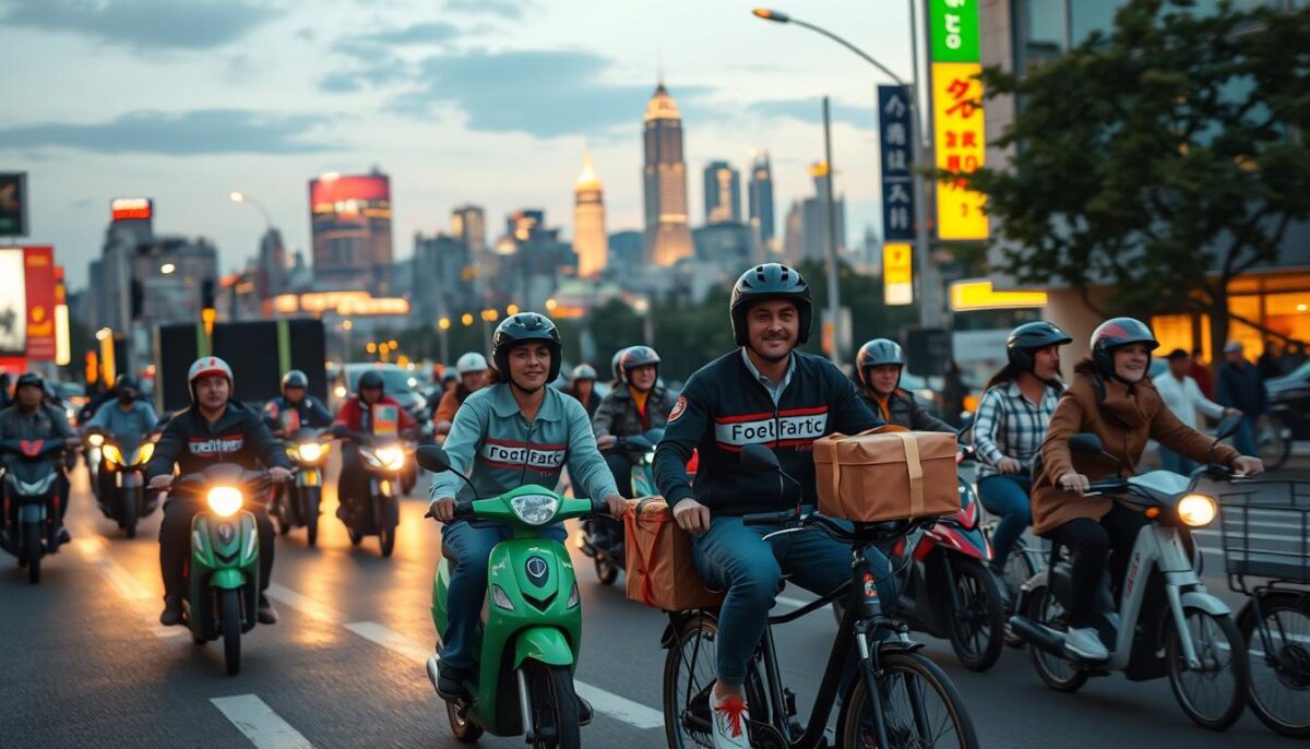 An urban street scene at dusk, with a group of delivery drivers in the foreground. They are riding a mix of bicycles, scooters, and e-bikes, each adorned with the logos of popular food delivery services. In the middle ground, a bustling city skyline is visible, lit by the warm glow of streetlights and neon signs. The drivers are in a hurry, weaving through traffic with a sense of urgency, their faces determined as they race to make their next delivery on time. The atmosphere is one of efficient, fast-paced service, capturing the essence of the delivery driver's role in the modern gig economy.