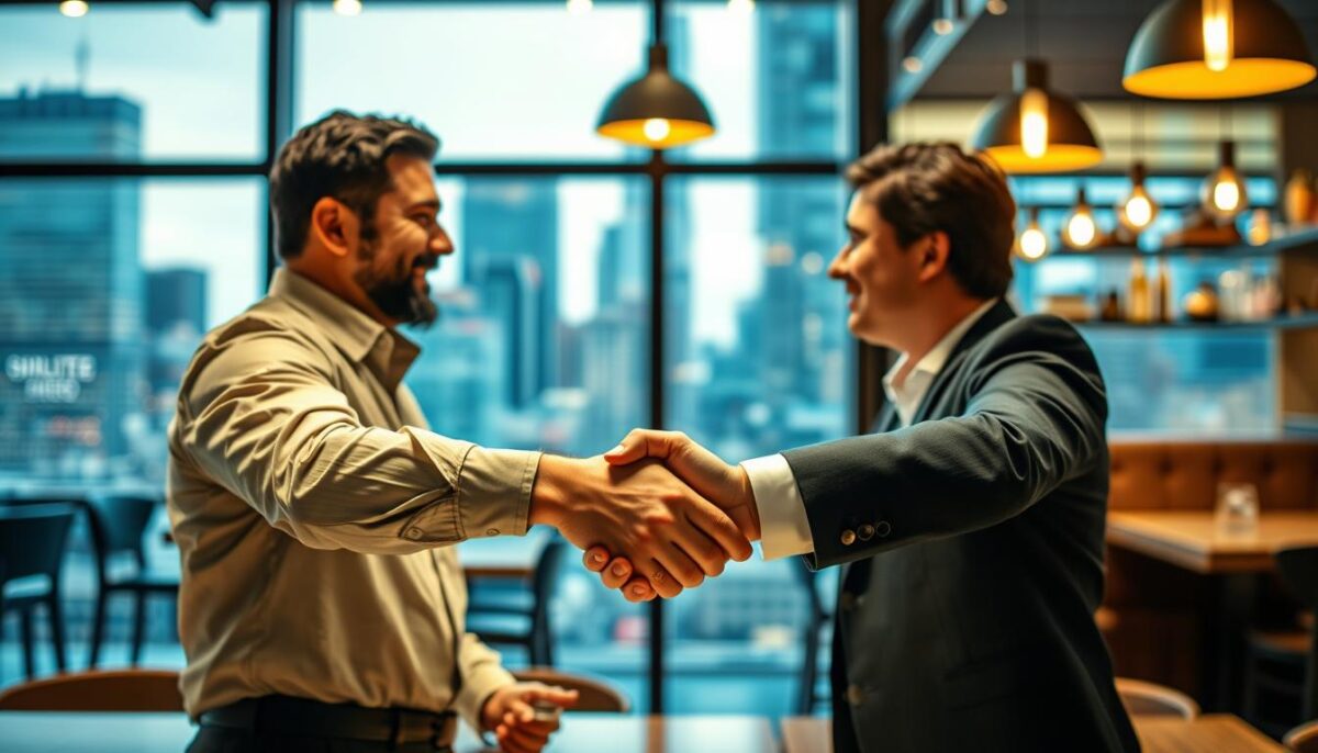 Create an image of a handshake between a restaurant owner and an angel investor, with a cityscape or a restaurant background.