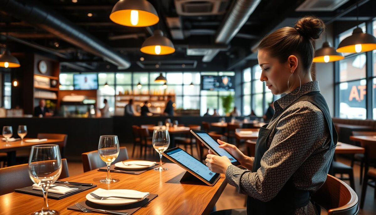 Create an image of a modern restaurant using a tablet to access guest data.