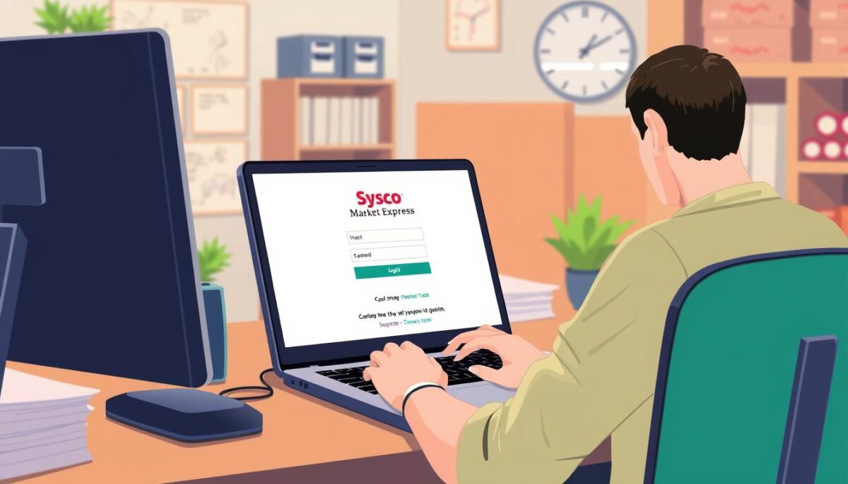 Create an image of a person sitting at a desk with a laptop open to the Sysco Market Express login page.