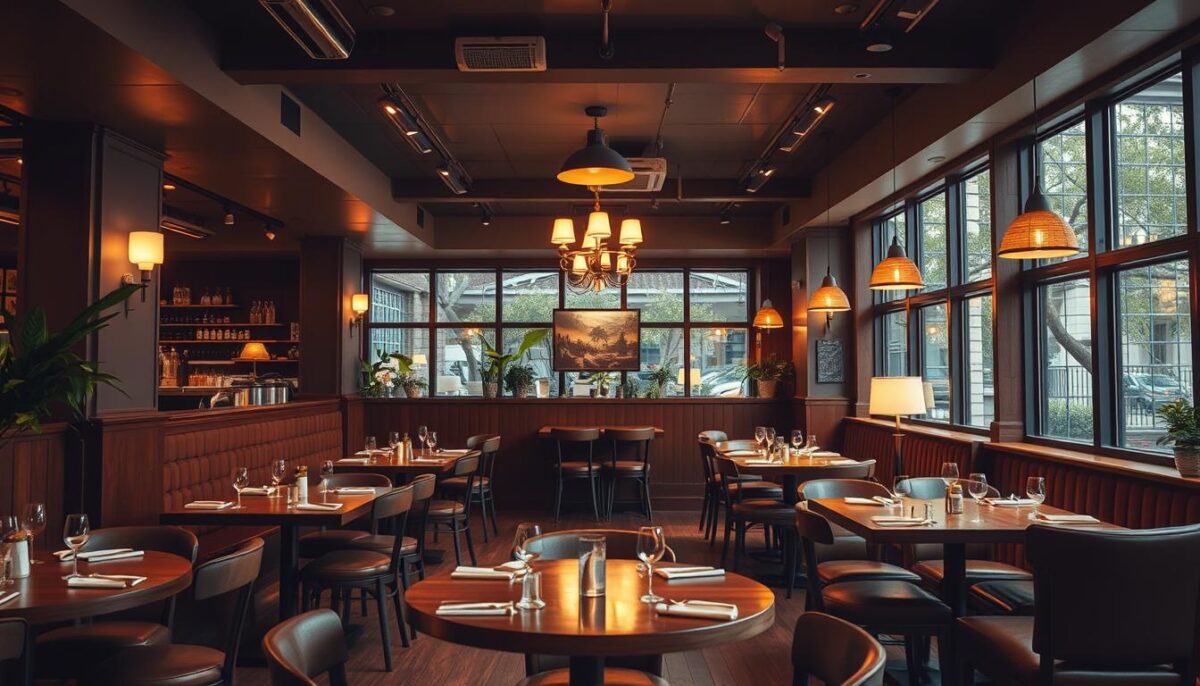 Create an image of a restaurant interior with warm lighting and comfortable seating