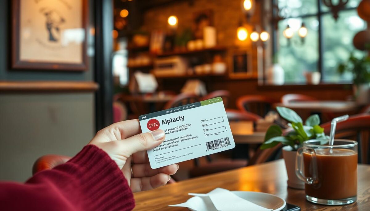Create an image of a restaurant loyalty program card being used at a cozy café.