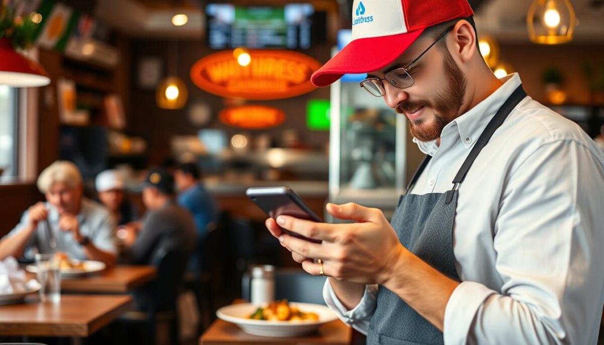 Create an image of a restaurant owner using a smartphone to manage online orders through the CloudWaitress app.