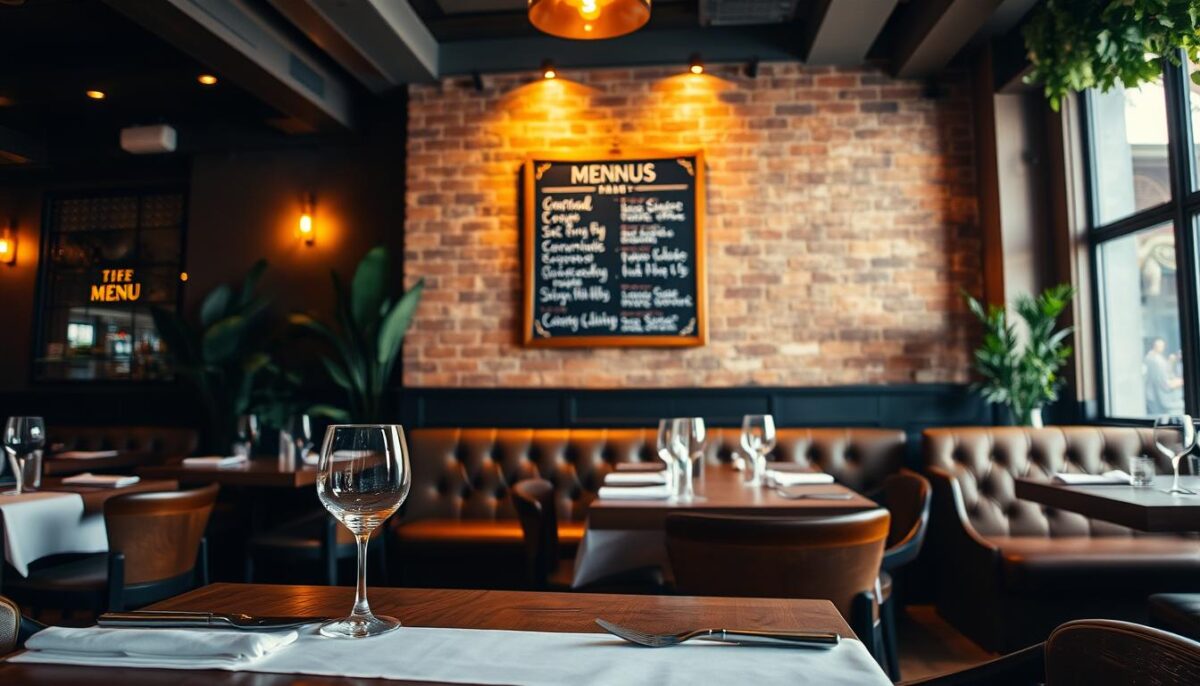 Elegant restaurant interior, dimly lit with warm amber lighting, creating a cozy and inviting ambiance. In the foreground, a wooden table with a crisp white tablecloth, set with gleaming silverware and elegant stemware. In the middle ground, a chalkboard menu board hanging on the exposed brick wall, showcasing a range of tantalizing culinary offerings. The background features plush leather banquettes, lush greenery, and soft, atmospheric music playing in the background, evoking a sense of sophisticated dining experience.