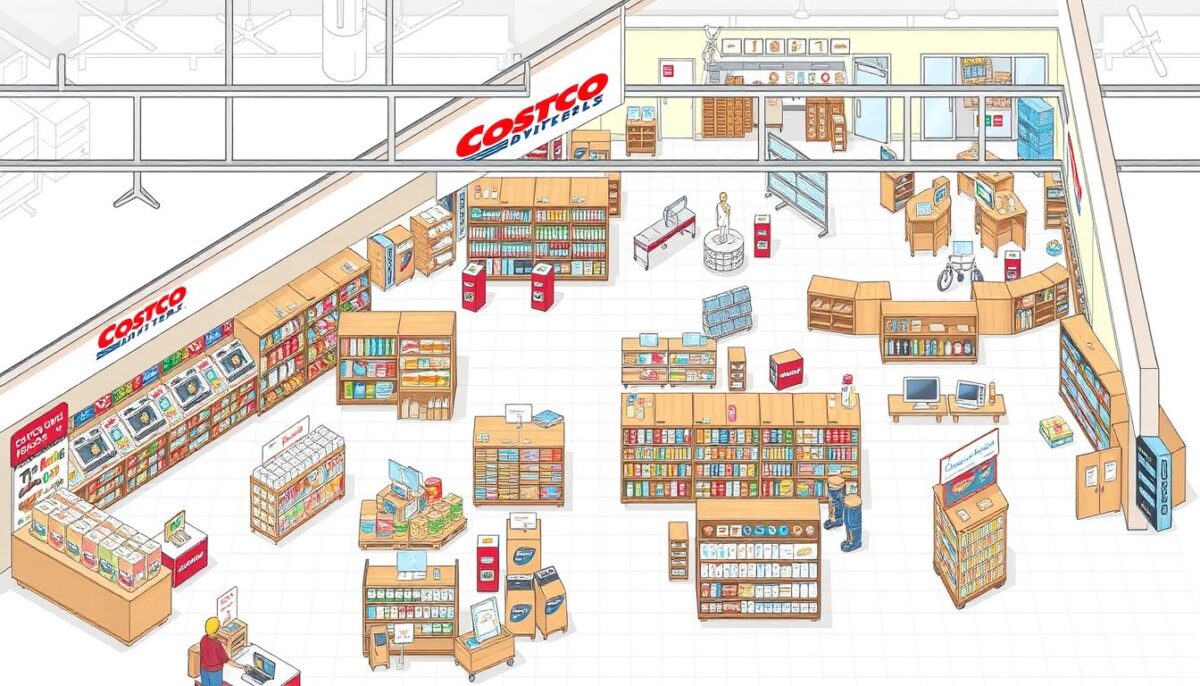 Generate an image of Costco Business Center's store layout, showcasing a wide range of products including food, office supplies, and electronics. Generate an image of Costco Business Center's store layout, showcasing a wide range of products including food, office supplies, and electronics.
