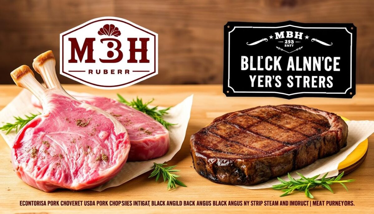 Generate an image of MBH Meat Purveyors' products, including USDA Pork Chops and Black Angus NY Strip Steak.