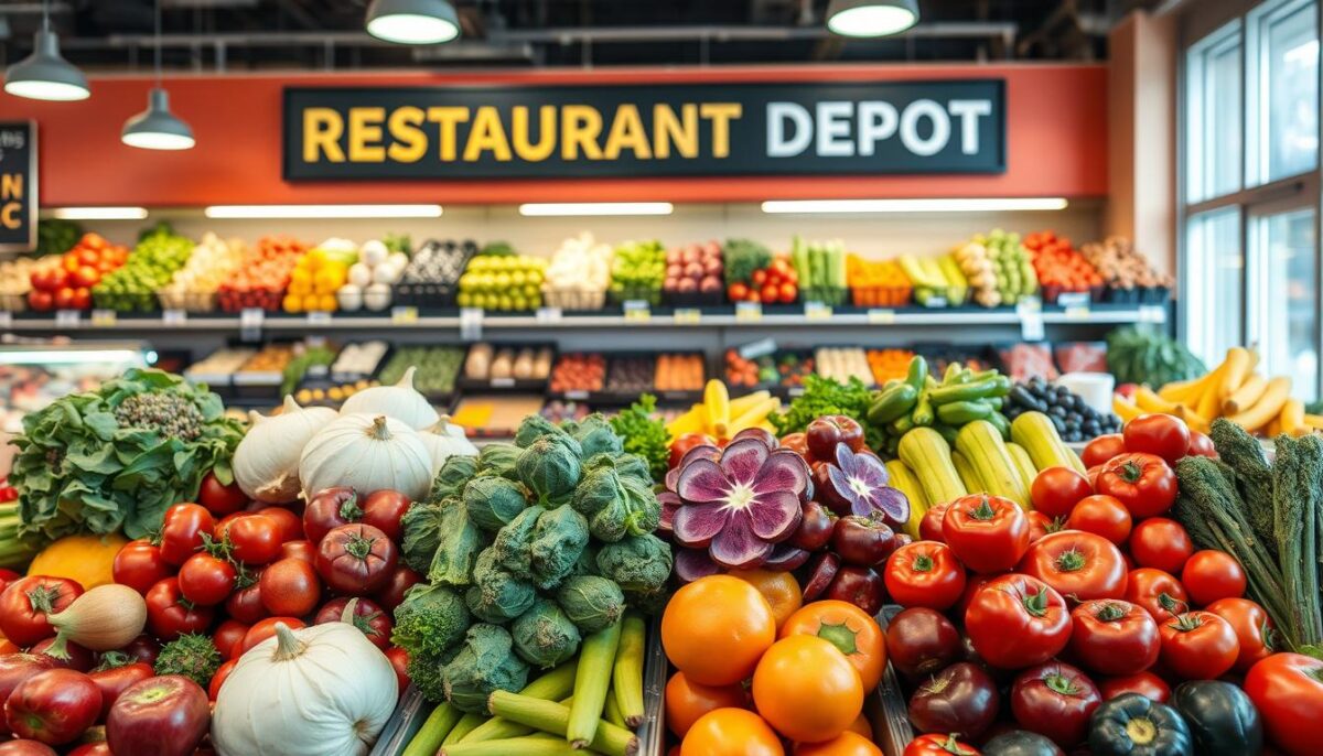 Generate an image of Restaurant Depot's produce section with a variety of fresh fruits and vegetables. Generate an image of Restaurant Depot's produce section with a variety of fresh fruits and vegetables.