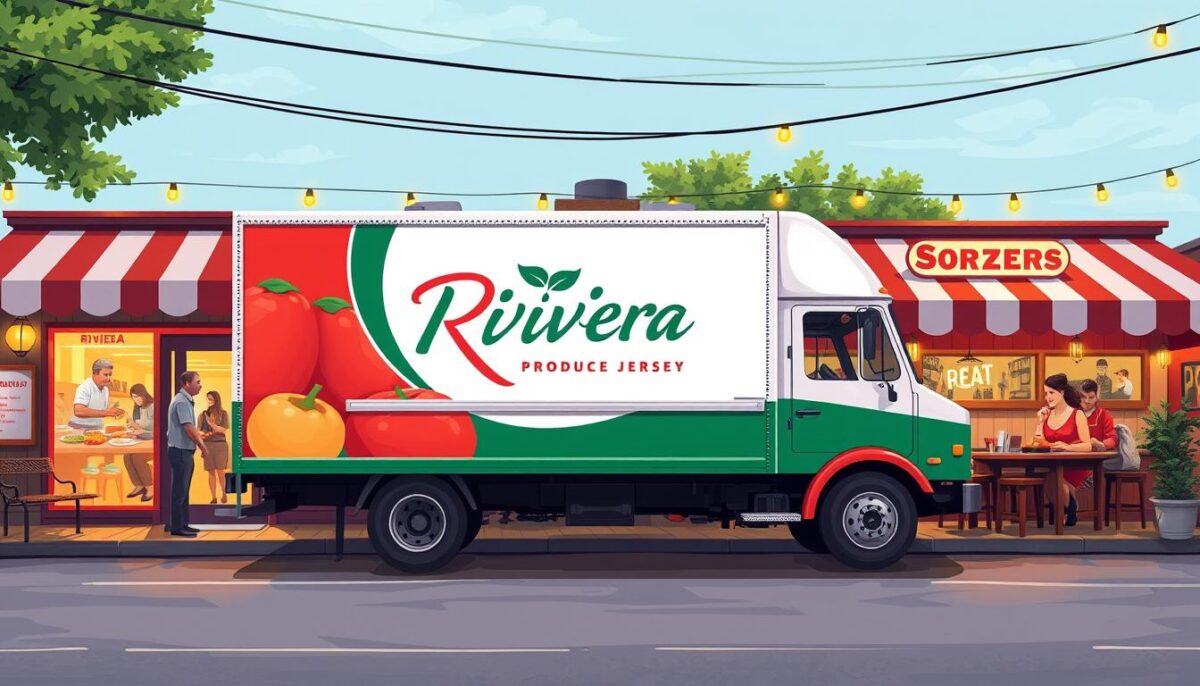 Generate an image of Riviera Produce's fruit delivery truck parked outside a New Jersey restaurant. Generate an image of Riviera Produce's fruit delivery truck parked outside a New Jersey restaurant.