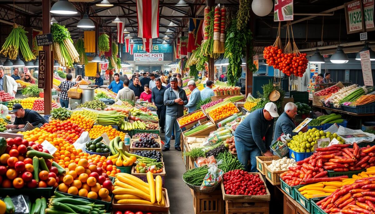 Generate an image of a bustling New Jersey wholesale produce market. Generate an image of a bustling New Jersey wholesale produce market.