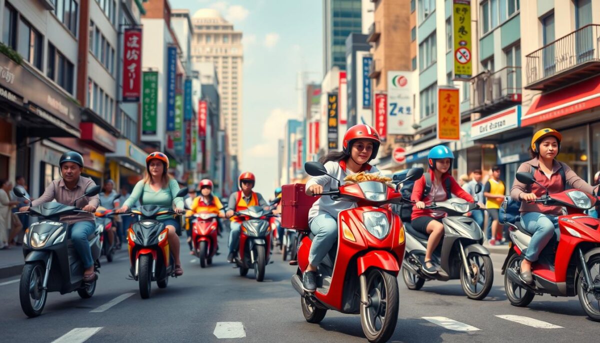 Generate an image of a bustling city with various food delivery riders on scooters and bicycles.