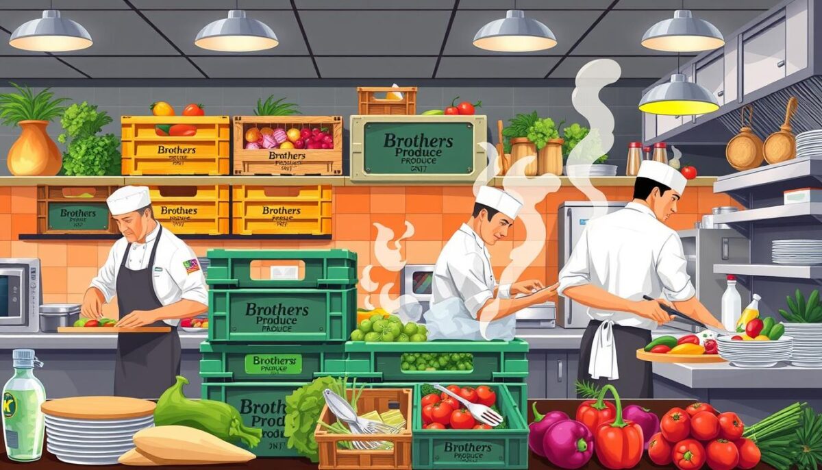 Generate an image of a bustling restaurant kitchen with Brothers Produce of NJ crates in the background. Generate an image of a bustling restaurant kitchen with Brothers Produce of NJ crates in the background.