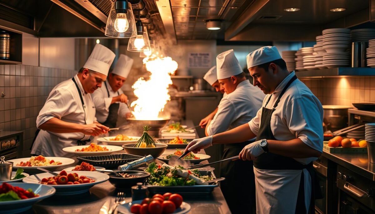 Generate an image of a bustling restaurant kitchen with chefs preparing dishes using Baldor Specialty Foods products. Generate an image of a bustling restaurant kitchen with chefs preparing dishes using Baldor Specialty Foods products.