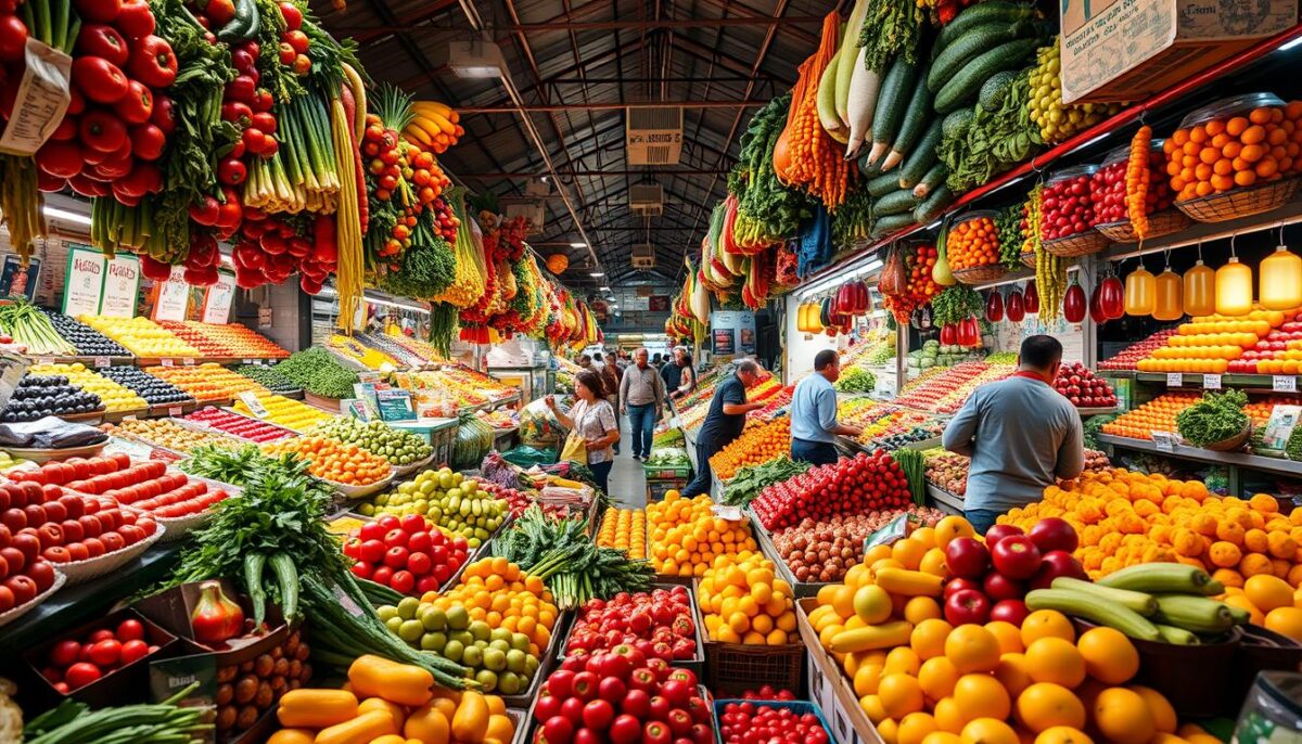 Generate an image of a bustling wholesale produce market with a variety of fresh fruits and vegetables on display. Generate an image of a bustling wholesale produce market with a variety of fresh fruits and vegetables on display.