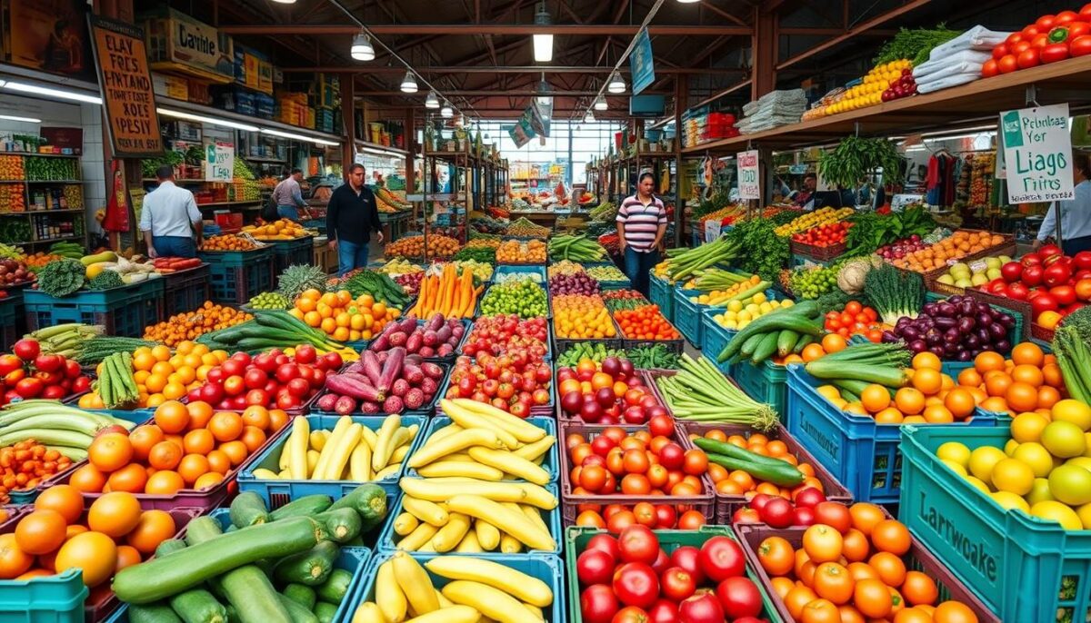 Generate an image of a bustling wholesale produce market with crates of fresh fruits and vegetables. Generate an image of a bustling wholesale produce market with crates of fresh fruits and vegetables.