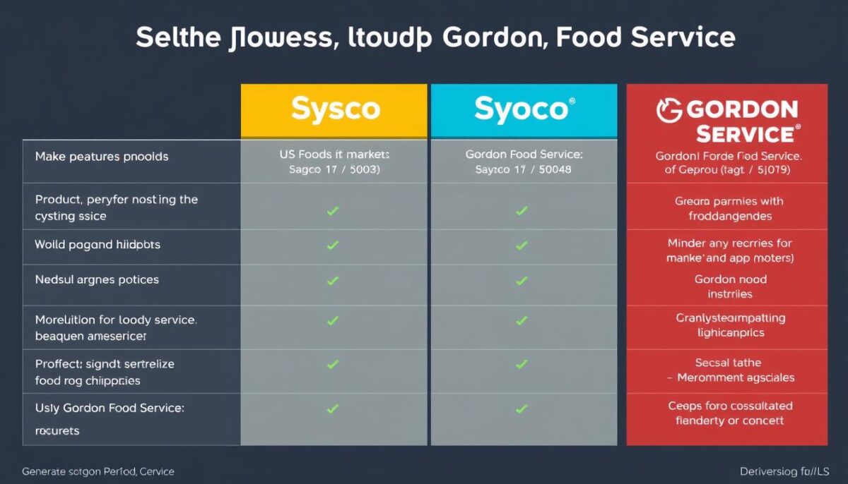 Generate an image of a comparison chart between US Foods, Sysco, and Gordon Food Service.