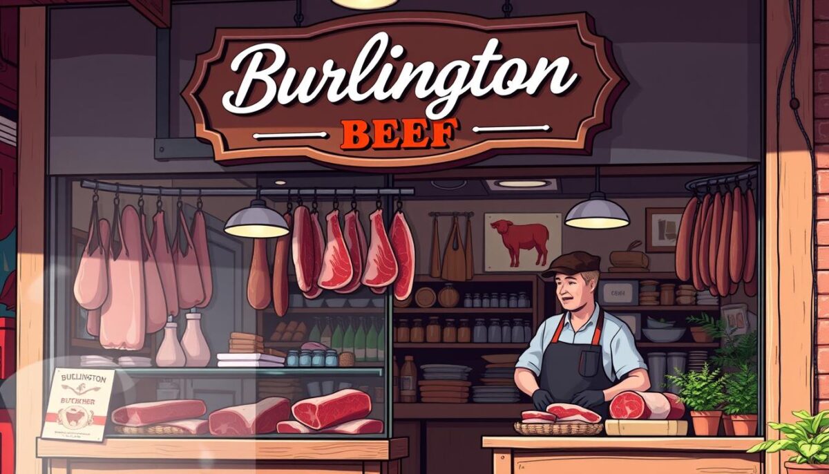 Generate an image of a family-owned butcher shop with a Burlington Beef sign.